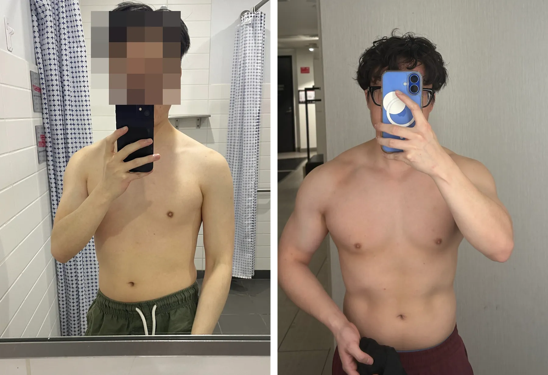 Two gym-mirror selfies side by side, 2022 and 2026, showing a leaner and more muscular build in the later photo.